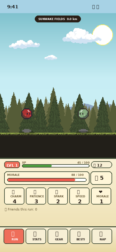 Bungo Quest running in Sunwake Fields — a pixel-art Bungo stands in a pine forest, with level, XP, morale, and five stats on the dashboard below.